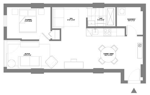 Floor plan for 1 bed, 1 bath, 636 sqft